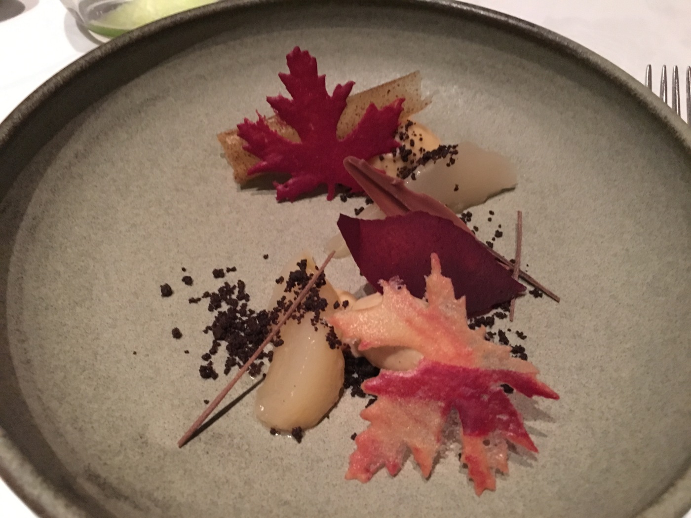Poached Pear and Custard Apple Cream with Leaves at Tetsuya's Restaurant in Sydney, Australia