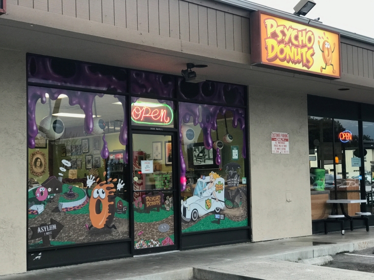 A photo from outside of the exterior of Psycho Donuts shop in Campbell, California.