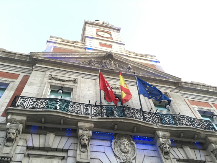 All the radial roads in Spain are measured from a marker in Madrid's Plaza Del Sol. The marker is fairly small and can be found on the sidewalk beneath this building with the large clock on top. It says, "Origen de Las Carreteras Radiales Km. 0."