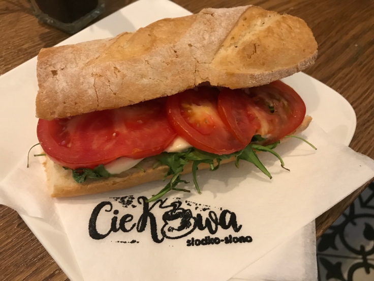 A tomato and mozzarella sandwich at Ciekawa Słodko-Słono restaurant and ice cream shop in Tarnów, Poland.