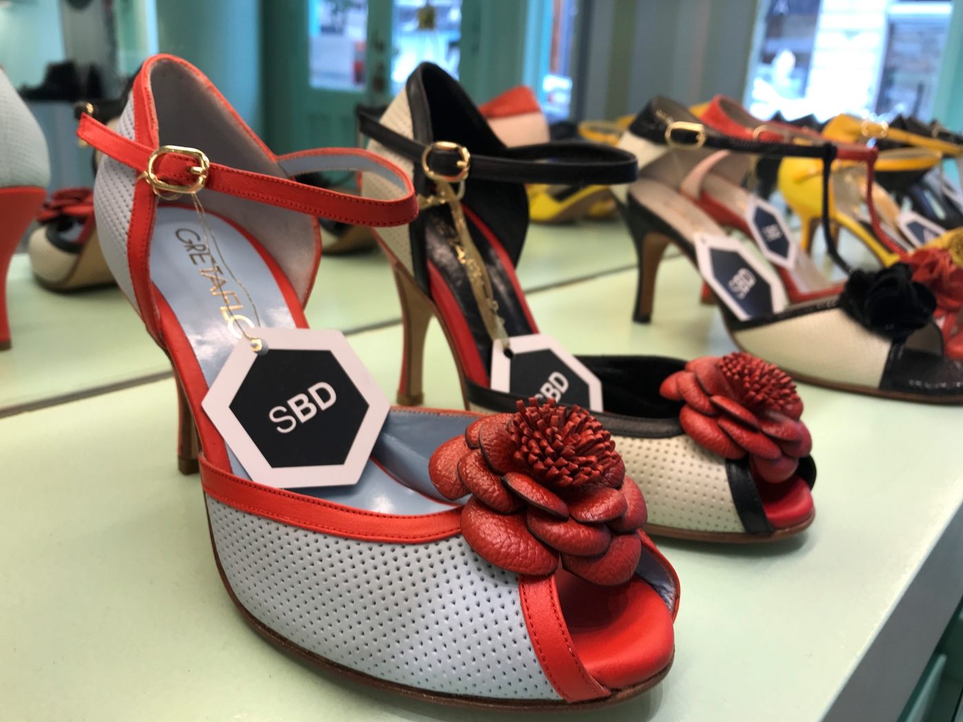 A photo of beautiful elegant Amalia Celeste Rojo tango stilettos at the GretaFlora shoe shop in Buenos Aires, Argentina. If you're interested in fashion and high heel shopping in Buenos Aires, this is one boutique you won't want to miss. Photo Courtesy of FoodWaterShoes